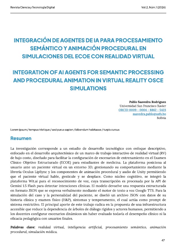 Primer página del artículo integración de agentes de IA para procesamiento semántico y animación procedural en simulaciones del ECOE con realidad virtual